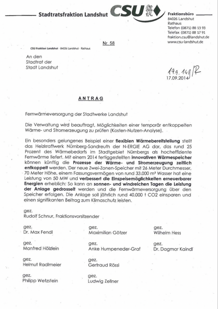 Antrag der CSU-Fraktion Landshut an den Stadtrat zur Fernwärmeversorgung der Stadtwerke mit Unterschriften