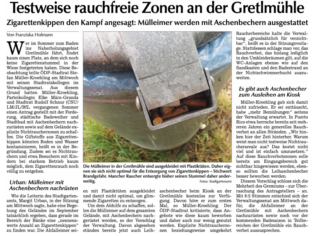 Aschenbecherauto mit Plastiktüte an der Gretlmühle; Rauchverbotszonen im Erholungsgebiet