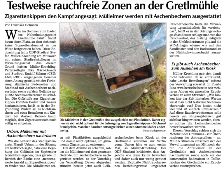 Aschenbecherauto mit Plastiktüte an der Gretlmühle; Rauchverbotszonen im Erholungsgebiet