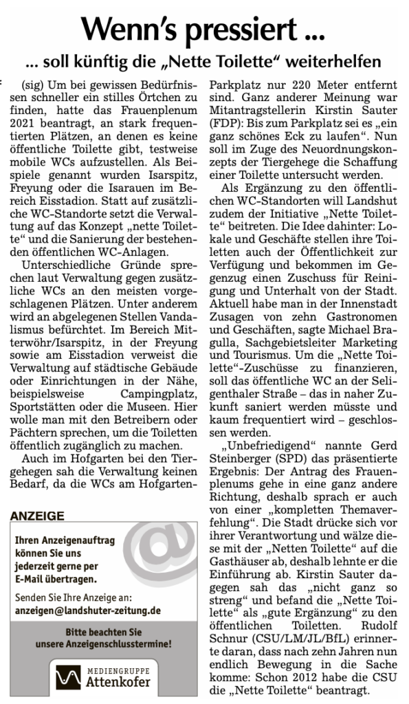 Zeitungsartikel mit Überschrift 'Wenn's pressiert' über die Nette Toilette Initiative in Landshut