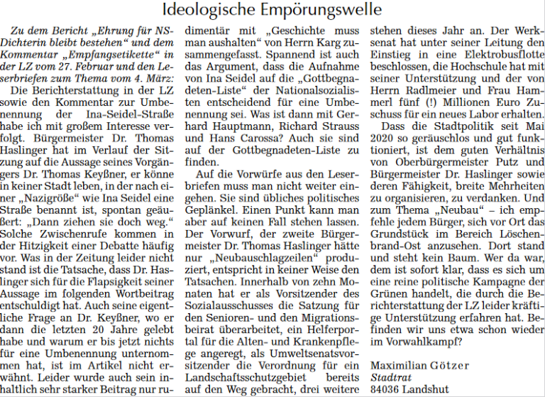 Zeitungsartikel mit Überschrift 'Ideologische Empörungswelle' - Meinungsbeitrag zu politischer Kontroverse