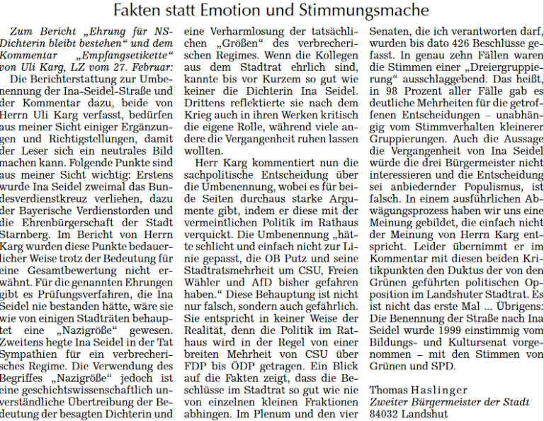Zeitungsartikel mit dem Titel 'Fakten statt Emotion und Stimmungsmache' in Frakturschrift