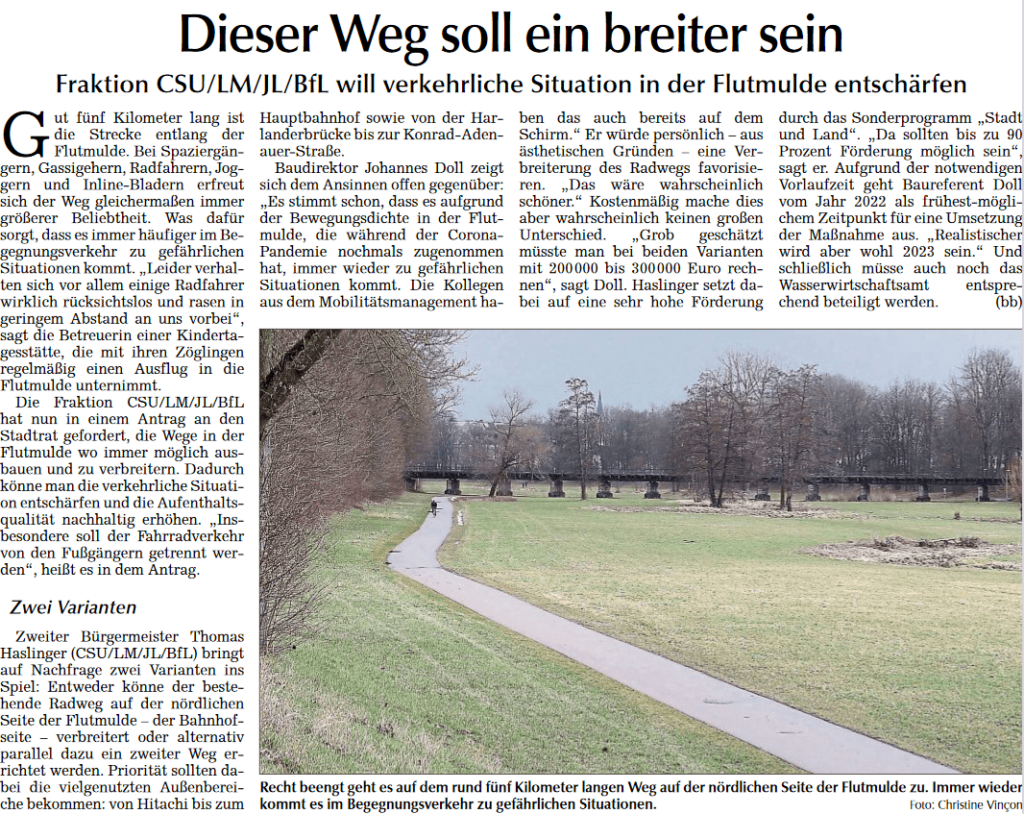 Blick auf einen schmalen Fußweg in einer grünen Parkanlage mit Bäumen im Hintergrund entlang der Flutmulde.