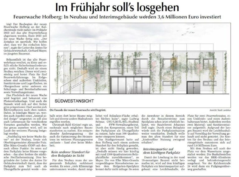 Architekturzeichnung der südwestlichen Fassade des neuen Feuerwache-Gebäudes mit Fensterreihen und Eingangsbereich