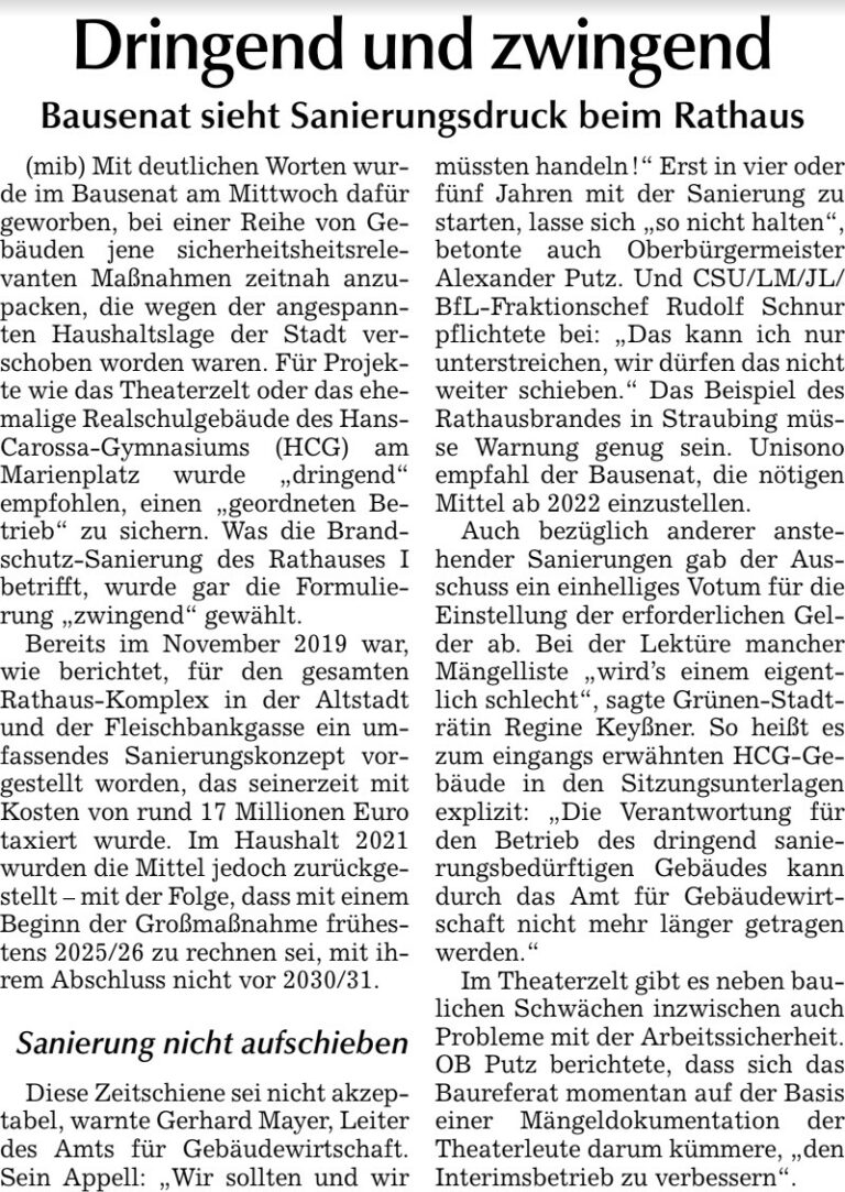 Zeitungsartikel aus der Landshuter Zeitung mit Überschrift 'Dringend und zwingend' zum Thema Rathaus-Sanierung
