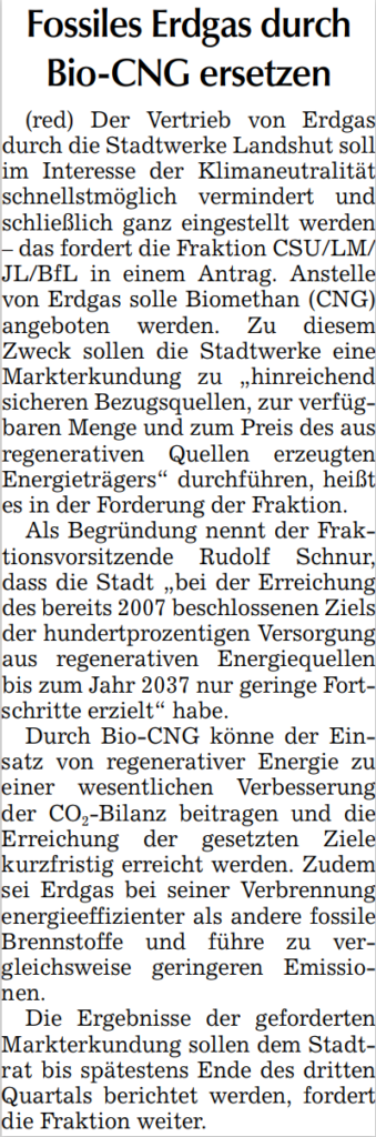 Zeitungsartikel mit Überschrift „Fossiles Erdgas durch Bio-CNG ersetzen" über einen Fraktionsantrag zur Umstellung auf regenerative Energieträger