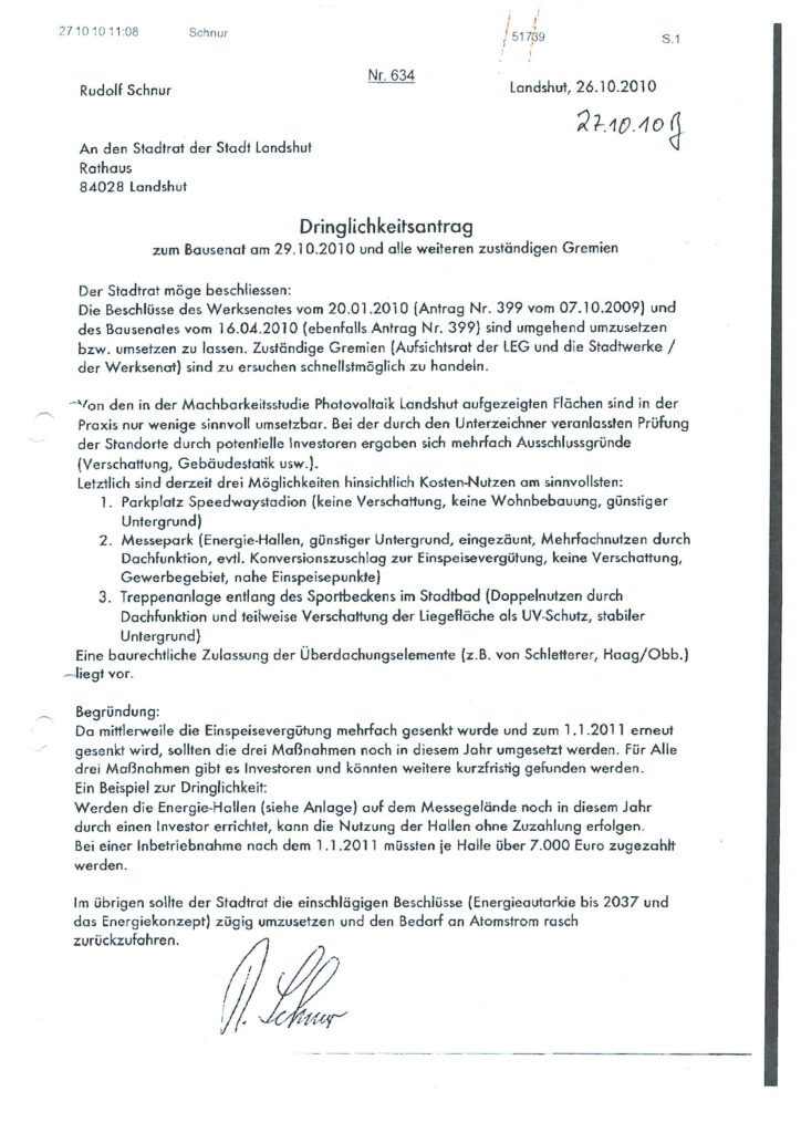 Schreiben des Stadtrates Rudolf Schnur an den Stadtrat Landshut mit Dringlichkeitsantrag zum Bausenat