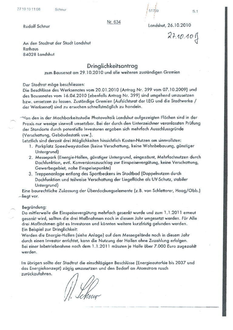 Schreiben des Stadtrates Rudolf Schnur an den Stadtrat Landshut mit Dringlichkeitsantrag zum Bausenat