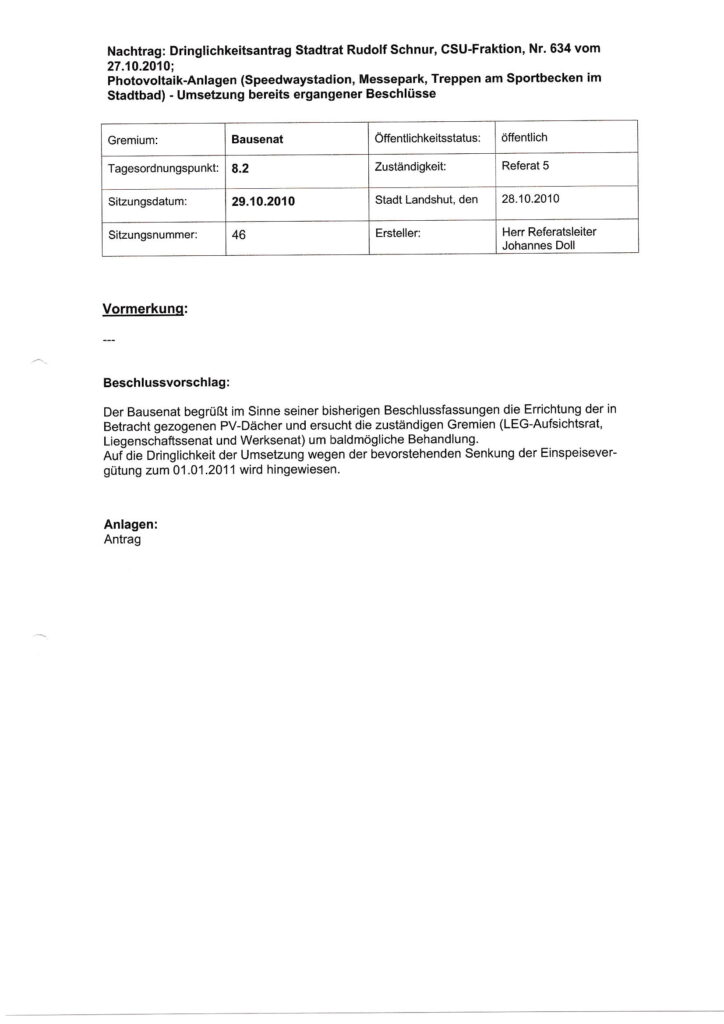 Dokumentseite mit Tabellenüberblick und Antragstext zum Thema Photovoltaik-Anlagen der Stadt Landshut