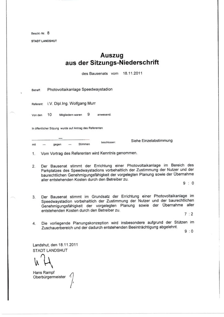 Seite 3 eines Auszugs aus der Sitzungs-Niederschrift des Bausenats Landshut vom 18.11.2011 zur Photovoltaikanlage Speedwaystadion