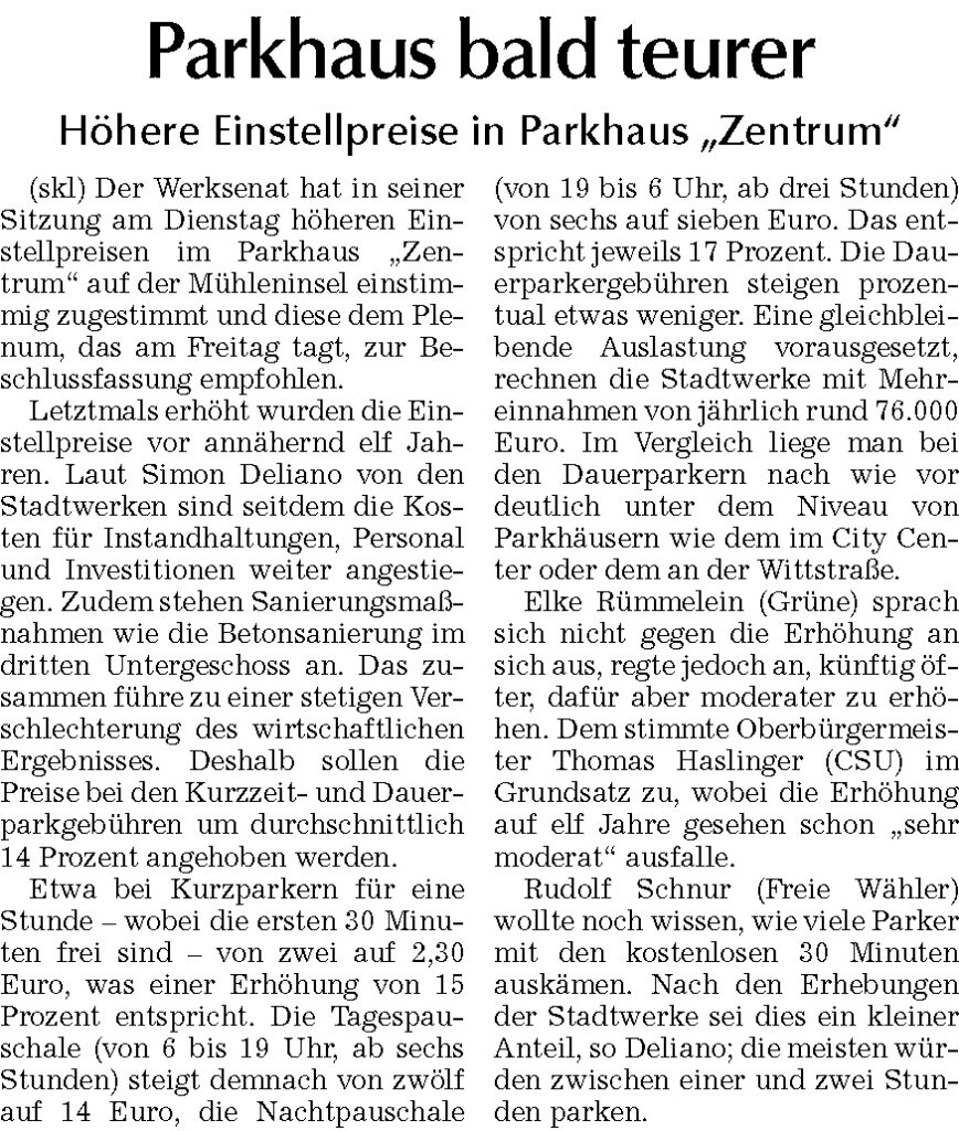 Zeitungsartikel über Parkgebührenerhöhung im Parkhaus Zentrum Landshut