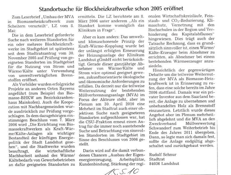Zeitungsartikel mit Überschrift und Text zur Standortsuche für Blockheizkraftwerke in Landshut