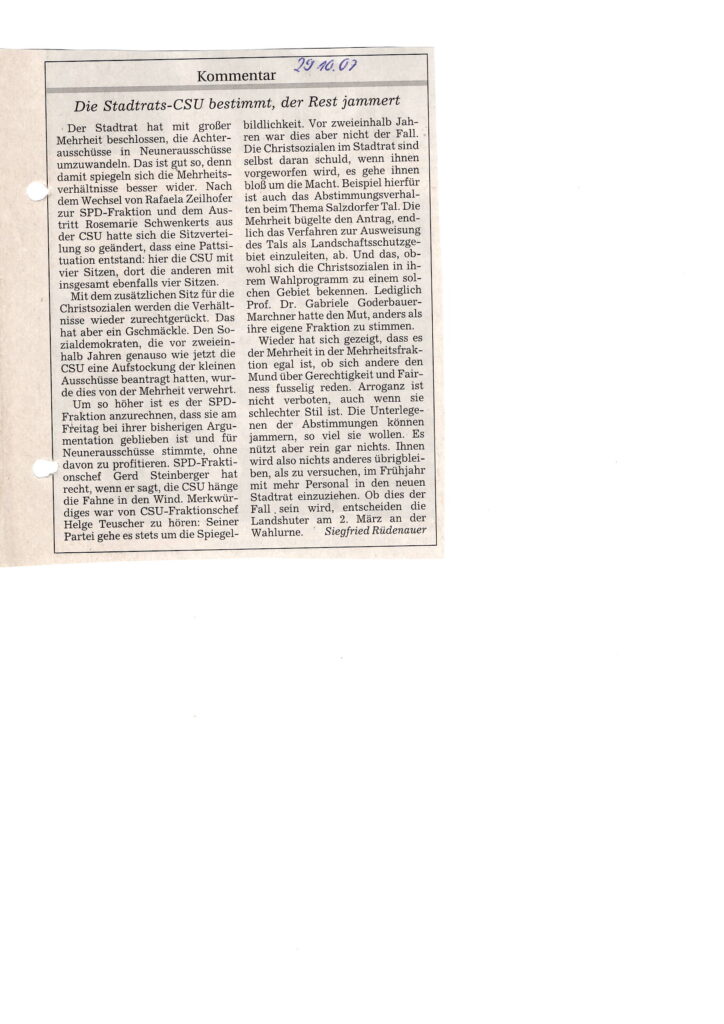 Zeitungskommentar mit Überschrift und mehrspaltigem Text zur Stadtratsarbeit in Landshut.