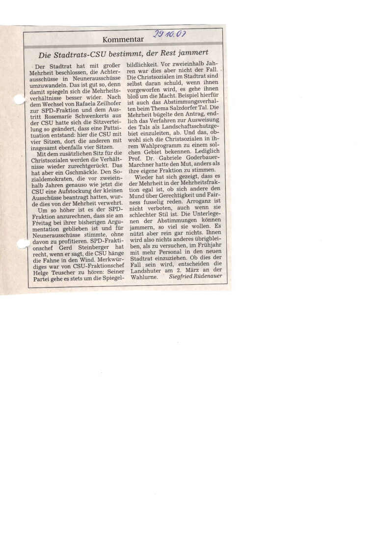 Zeitungskommentar mit Überschrift und mehrspaltigem Text zur Stadtratsarbeit in Landshut.