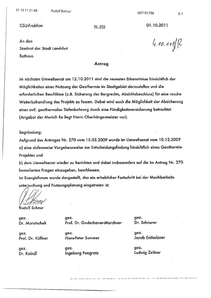 Antragsdokument des Stadtrats Landshut zur Geothermie-Nutzung mit Unterschriften mehrerer Stadträte