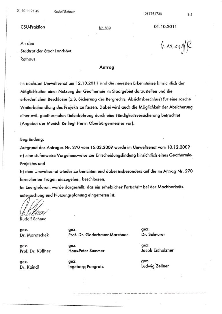Antragsdokument des Stadtrats Landshut zur Geothermie-Nutzung mit Unterschriften mehrerer Stadträte