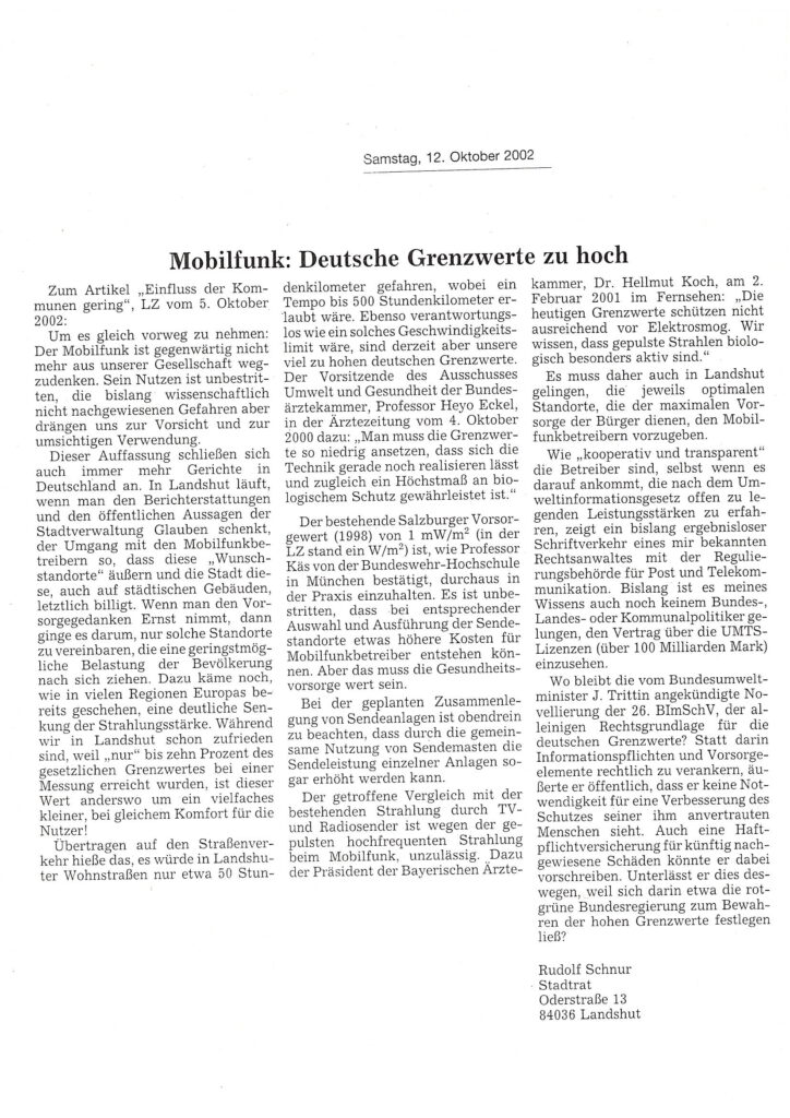 Zeitungsartikel über Mobilfunk-Grenzwerte mit Überschrift und mehrspaltigem Fließtext