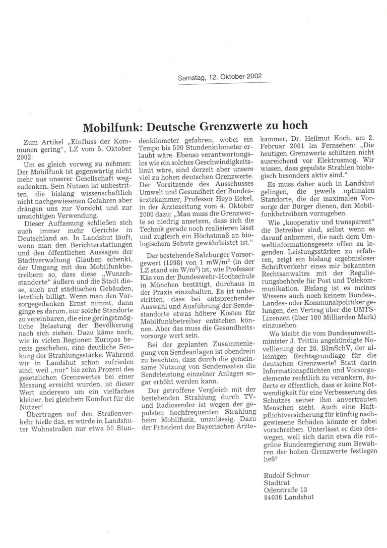 Zeitungsartikel über Mobilfunk-Grenzwerte mit Überschrift und mehrspaltigem Fließtext
