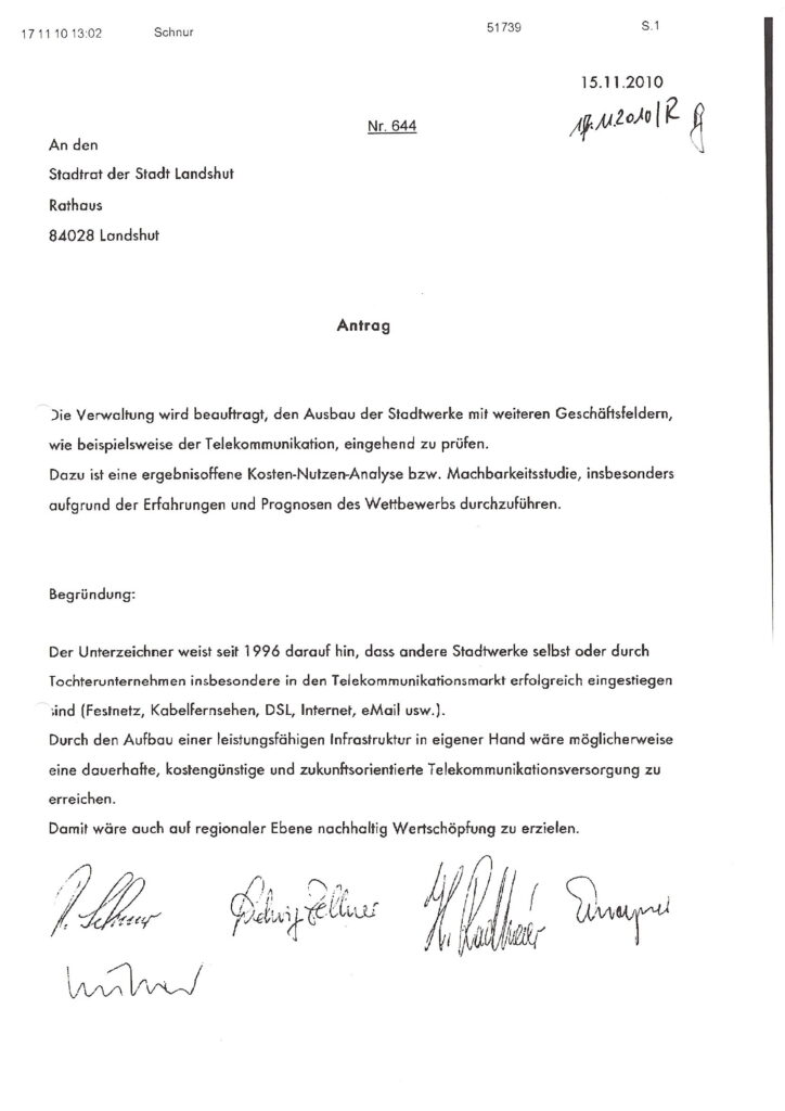 Antragsdokument Nr. 644 an den Stadtrat Landshut zum Ausbau der Stadtwerke mit Geschäftsfeldern Telekommunikation