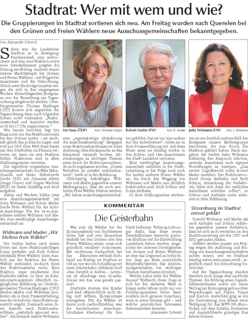 Porträts von Iris Haas (ÖDP), Robert Mader (FW) und Jutta Widmann (FW) im Zusammenhang mit Stadtratsneuordnung